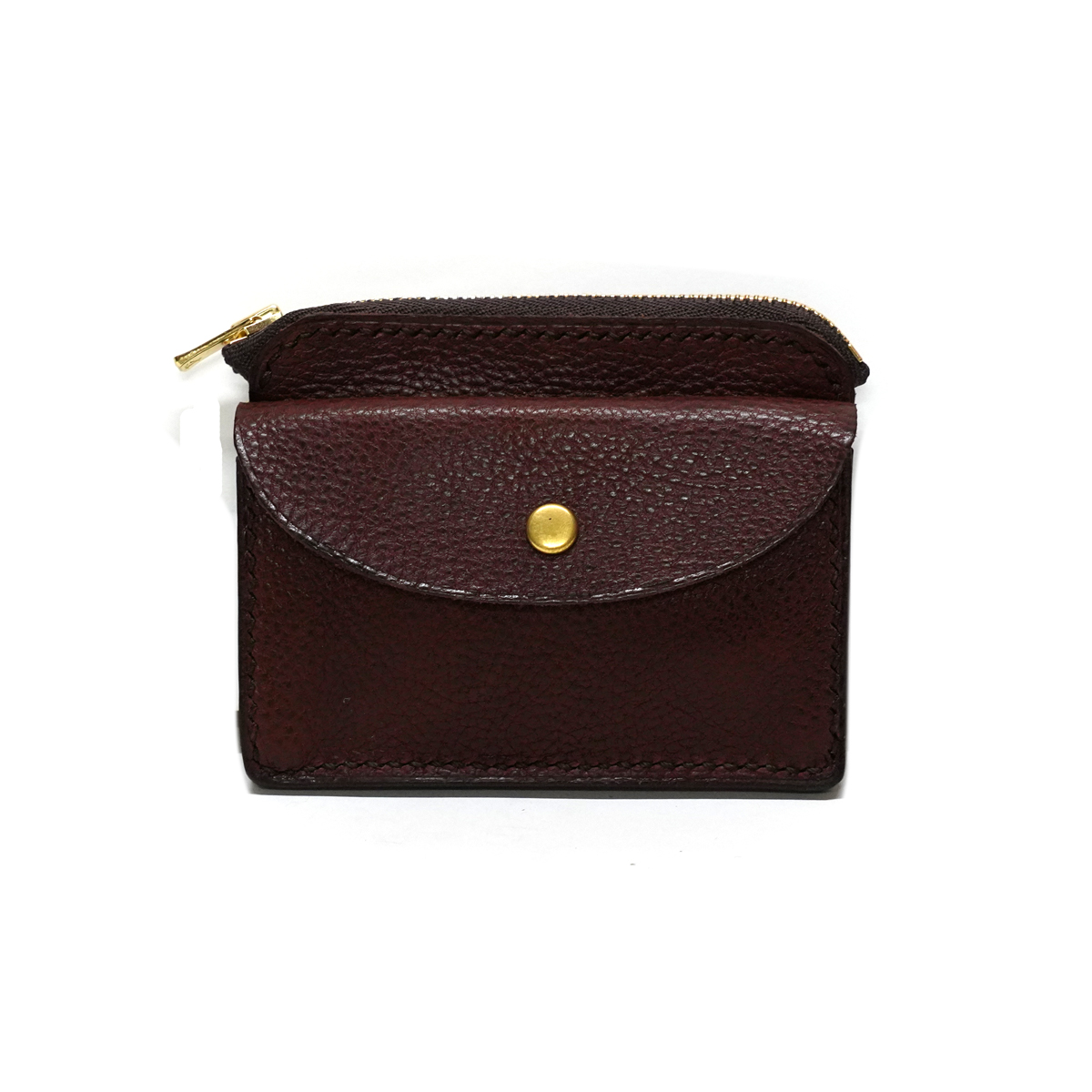 Grain leather Zip Coin Card Case Brown