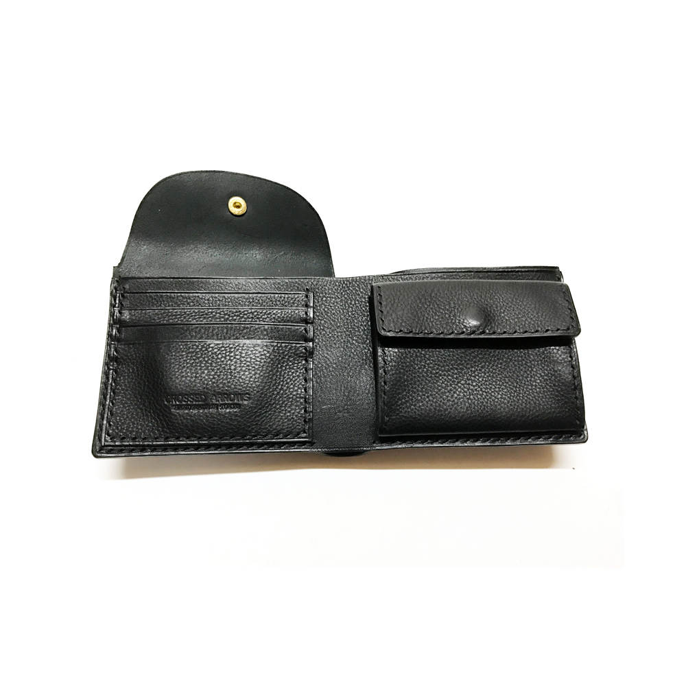 Grain Leather Hand Stitch Flap bi-fold wallet BLACK