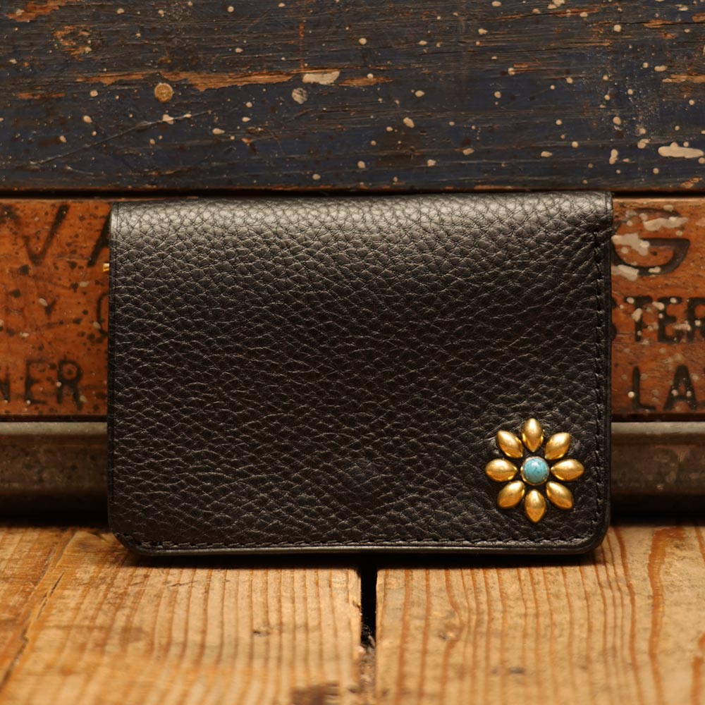 イタリアアリゾナレザー スタッズトラッカーウォレット 財布 ブラックゴールドワンポイント/ Arizona Sibo leather Tracker  Wallet One-flower